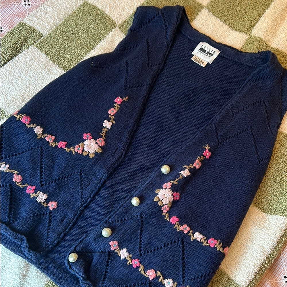 Thrifted Navy and Pink Floral Cardigan Vest
